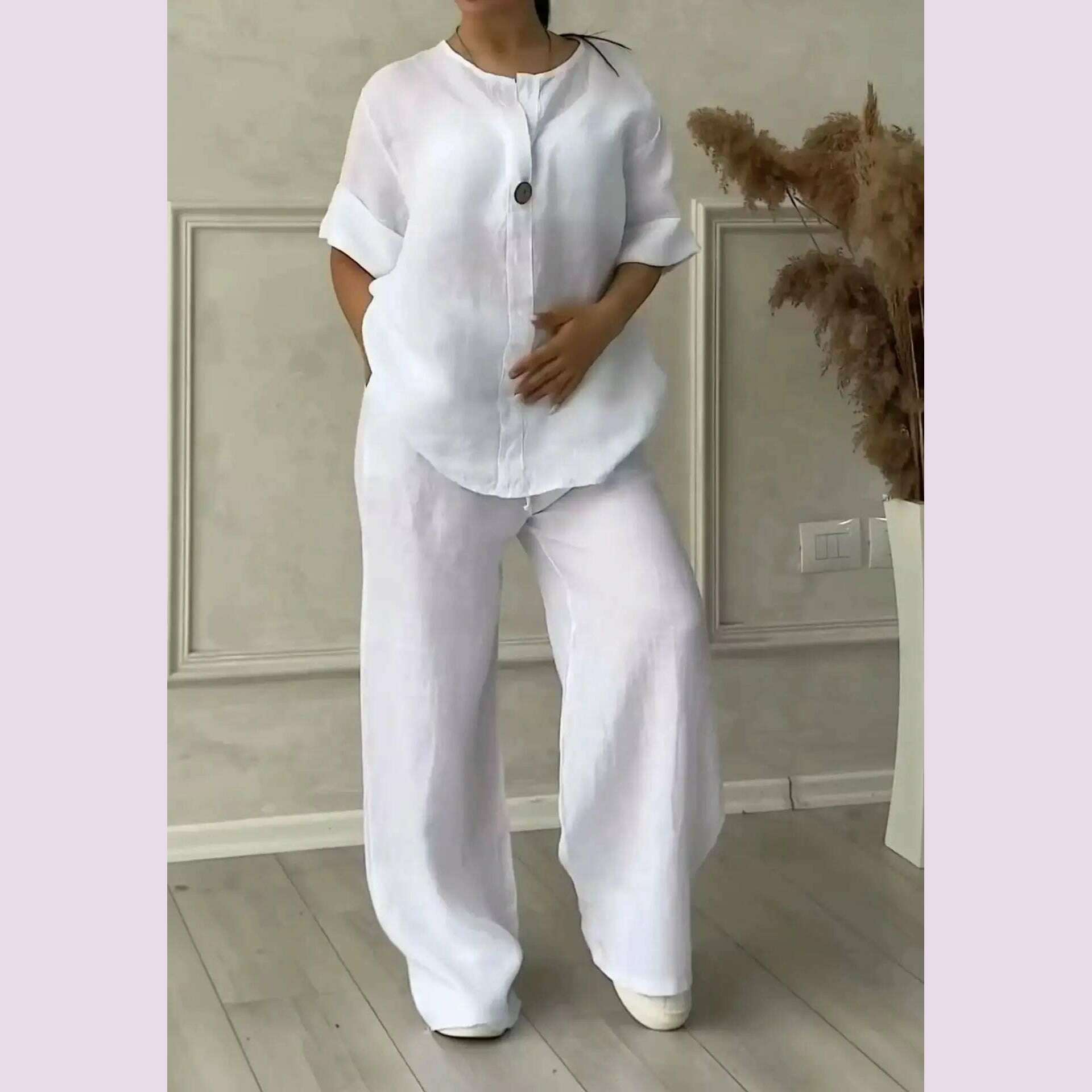 New 2024 Women's 2-piece Cotton Linen Pant Sets Solid Long Sleeve Shirt Top+ Wide-leg Trousers Two-piece Casual Loose Suit Sets - KIMLUD