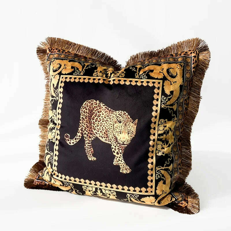 KIMLUD, New 45 X45cm Luxury Tiger Printing Square Pillowcase Model Living Room Sofa Decorative Tassels Cushion Velvet Pillow Cover, 45x45cm / Tiger - Black, KIMLUD Womens Clothes