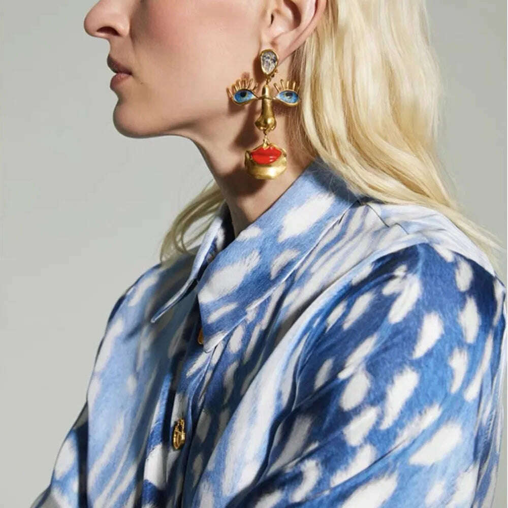 KIMLUD, New Arrival Vintage Unique Eyes Red Lips Dangle Earrings For Women Jewelry Baroque Fashion Show Collection Earrings Accessories, KIMLUD Womens Clothes
