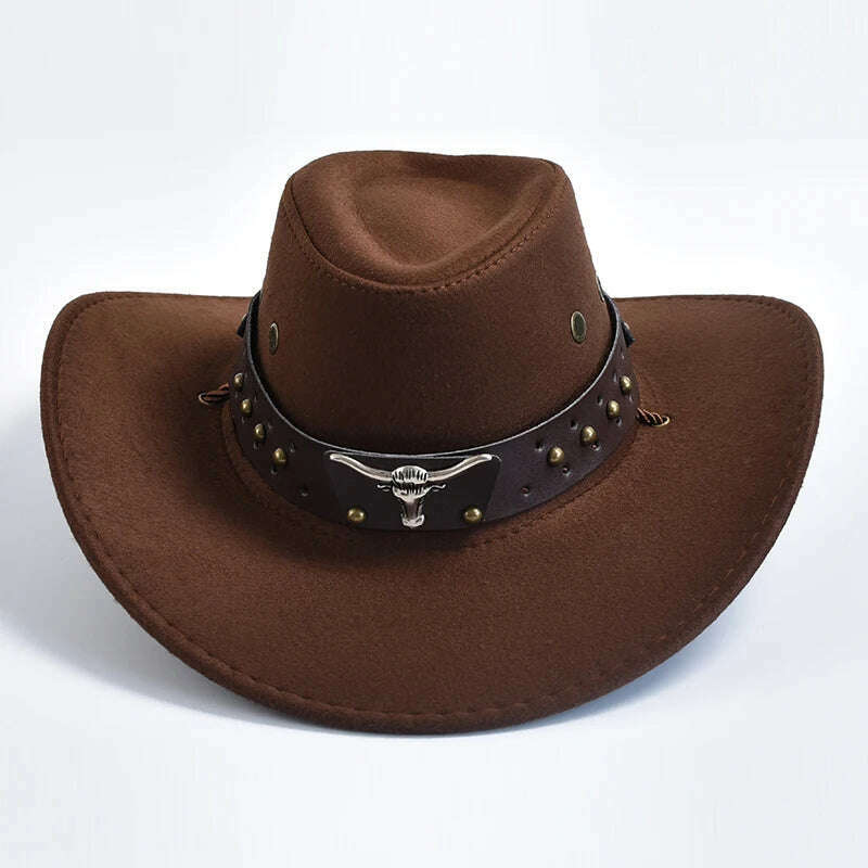 New Artificial Suede Western Cowboy Hats Vintage Big-edge Gentleman Cowgirl Jazz Hat Holidays Party Cosplay Hat - KIMLUD