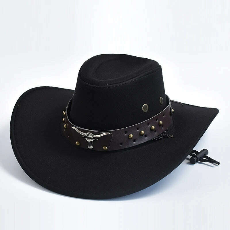 KIMLUD, New Artificial Suede Western Cowboy Hats Vintage Big-edge Gentleman Cowgirl Jazz Hat Holidays Party Cosplay Hat, black / 56-58cm, KIMLUD Women's Clothes