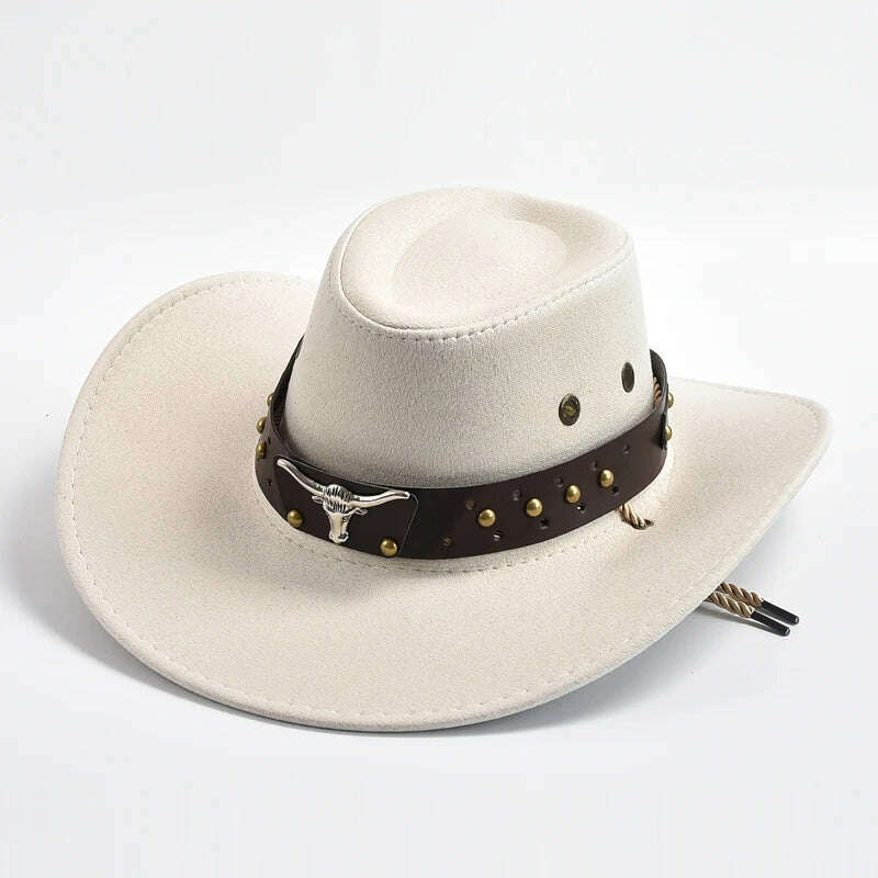 KIMLUD, New Artificial Suede Western Cowboy Hats Vintage Big-edge Gentleman Cowgirl Jazz Hat Holidays Party Cosplay Hat, Ivory / 56-58cm, KIMLUD Women's Clothes