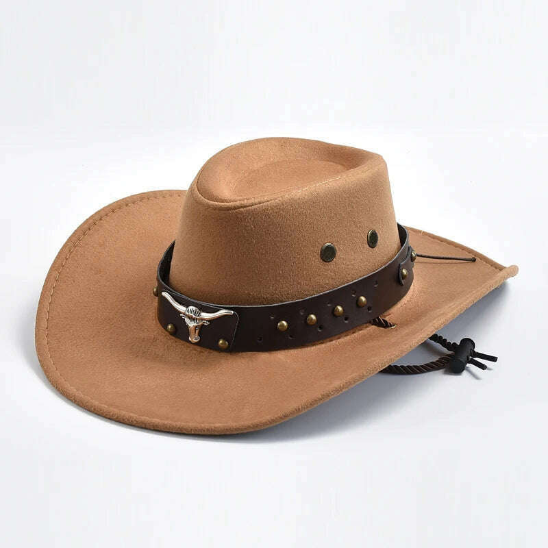 KIMLUD, New Artificial Suede Western Cowboy Hats Vintage Big-edge Gentleman Cowgirl Jazz Hat Holidays Party Cosplay Hat, Khaki / 56-58cm, KIMLUD Women's Clothes