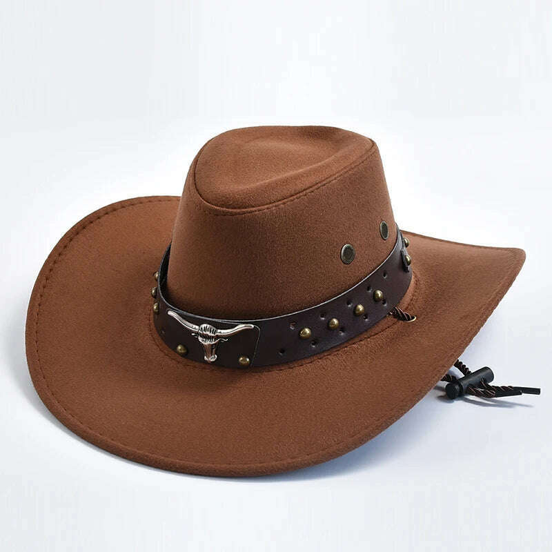 KIMLUD, New Artificial Suede Western Cowboy Hats Vintage Big-edge Gentleman Cowgirl Jazz Hat Holidays Party Cosplay Hat, Brown / 56-58cm, KIMLUD Women's Clothes