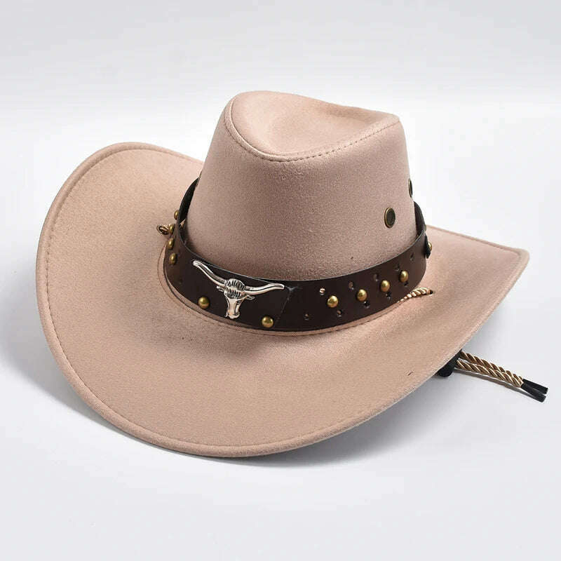 KIMLUD, New Artificial Suede Western Cowboy Hats Vintage Big-edge Gentleman Cowgirl Jazz Hat Holidays Party Cosplay Hat, Champagne / 56-58cm, KIMLUD Womens Clothes