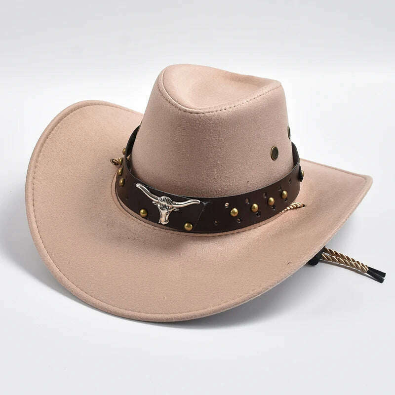 New Artificial Suede Western Cowboy Hats Vintage Big-edge Gentleman Cowgirl Jazz Hat Holidays Party Cosplay Hat - KIMLUD