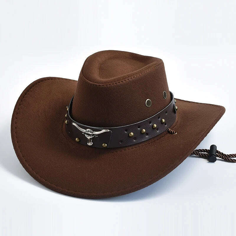KIMLUD, New Artificial Suede Western Cowboy Hats Vintage Big-edge Gentleman Cowgirl Jazz Hat Holidays Party Cosplay Hat, Coffee Brown / 56-58cm, KIMLUD Women's Clothes