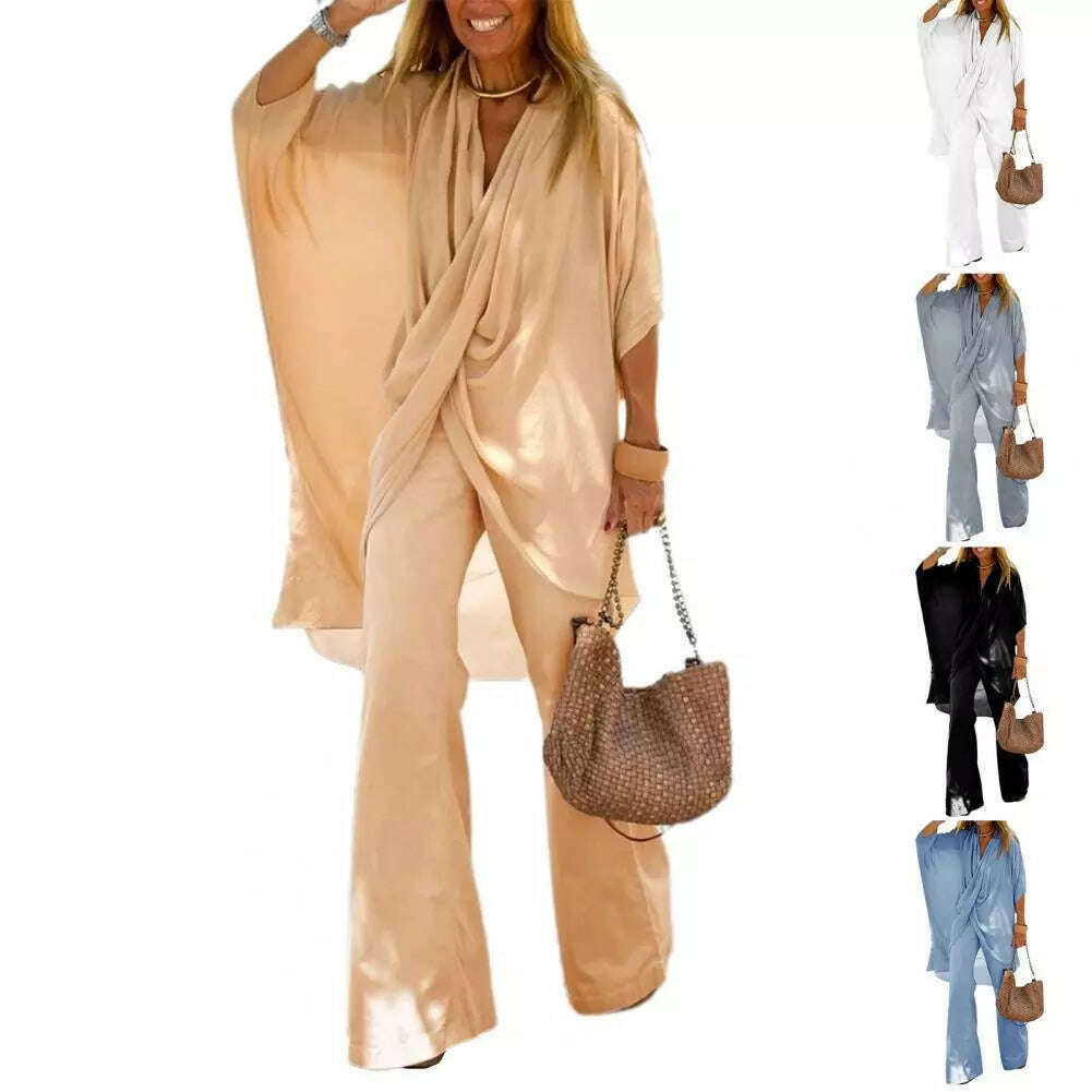 New autumn Women's Temperament Casual Loose Irregular Cross Half-sleeved Top + Wide-leg Trousers Two-piece Suit Women Clothing - KIMLUD