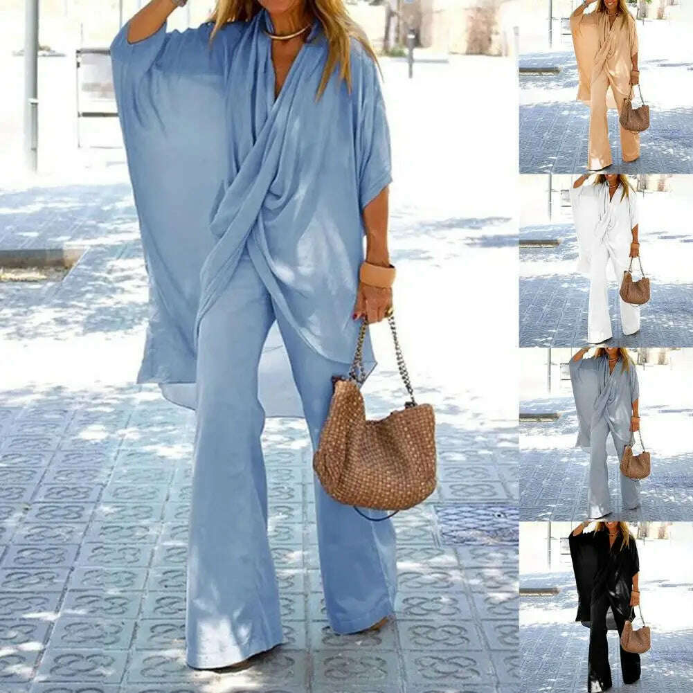New autumn Women's Temperament Casual Loose Irregular Cross Half-sleeved Top + Wide-leg Trousers Two-piece Suit Women Clothing - KIMLUD