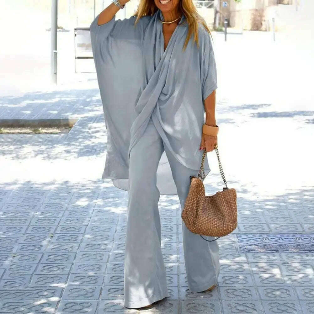 New autumn Women's Temperament Casual Loose Irregular Cross Half-sleeved Top + Wide-leg Trousers Two-piece Suit Women Clothing - KIMLUD