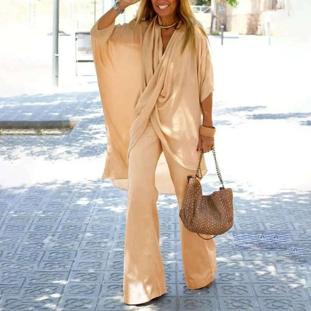 New autumn Women's Temperament Casual Loose Irregular Cross Half-sleeved Top + Wide-leg Trousers Two-piece Suit Women Clothing - KIMLUD