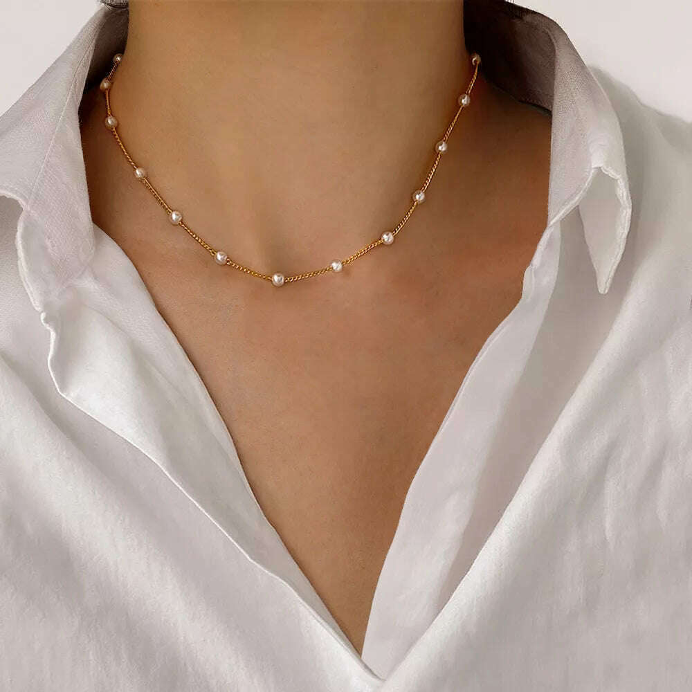 New Beads Women's Neck Chain Kpop Pearl Choker Necklace Gold Color Goth Choker Jewelry On The Neck Pendant 2021 Collar For Girl - KIMLUD