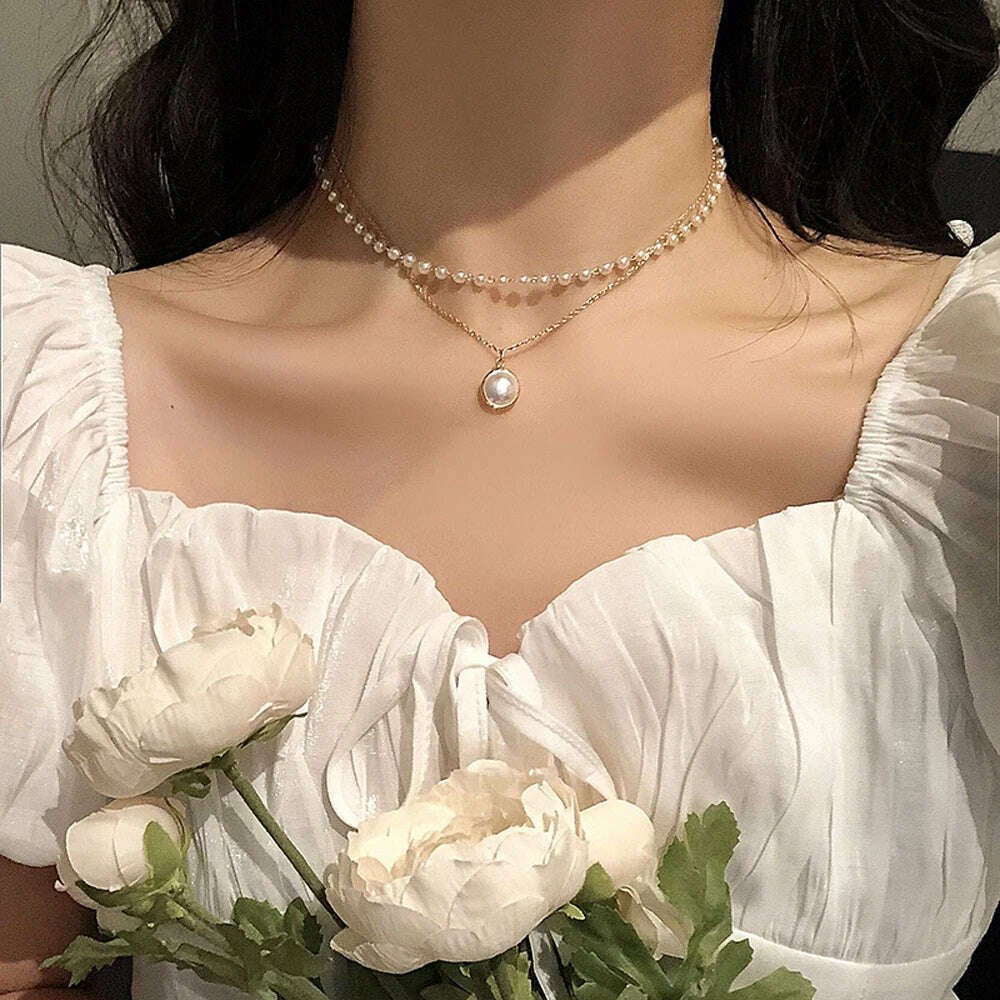 KIMLUD, New Beads Women's Neck Chain Kpop Pearl Choker Necklace Gold Color Goth Choker Jewelry On The Neck Pendant 2021 Collar For Girl, F, KIMLUD Women's Clothes