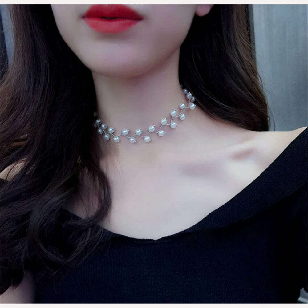 KIMLUD, New Beads Women's Neck Chain Kpop Pearl Choker Necklace Gold Color Goth Choker Jewelry On The Neck Pendant 2021 Collar For Girl, D, KIMLUD Women's Clothes