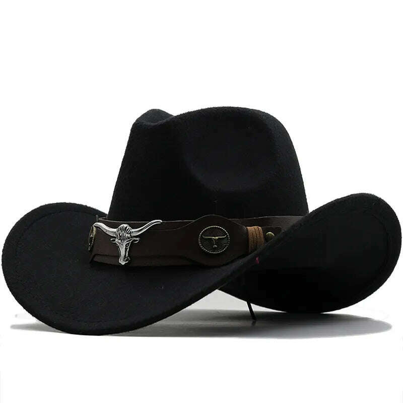 KIMLUD, New Black Wool Chapeu Western Cowboy Hat For Women Men Gentleman Jazz Sombrero Hombre Cap Dad Cowgirl Hats Size 56-58cm, JXF-549 black / 56-58CM, KIMLUD Women's Clothes