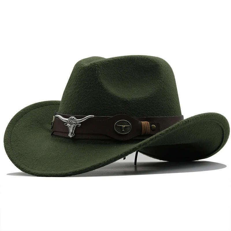 KIMLUD, New Black Wool Chapeu Western Cowboy Hat For Women Men Gentleman Jazz Sombrero Hombre Cap Dad Cowgirl Hats Size 56-58cm, JXF-549 green / 56-58CM, KIMLUD Womens Clothes