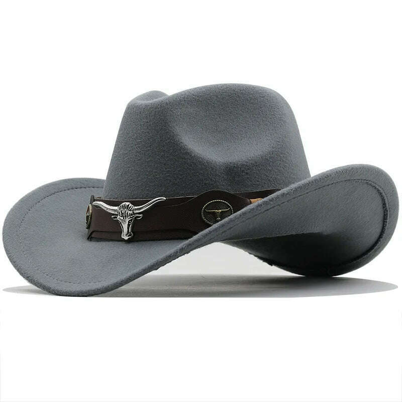 KIMLUD, New Black Wool Chapeu Western Cowboy Hat For Women Men Gentleman Jazz Sombrero Hombre Cap Dad Cowgirl Hats Size 56-58cm, JXF-549 gray / 56-58CM, KIMLUD Womens Clothes