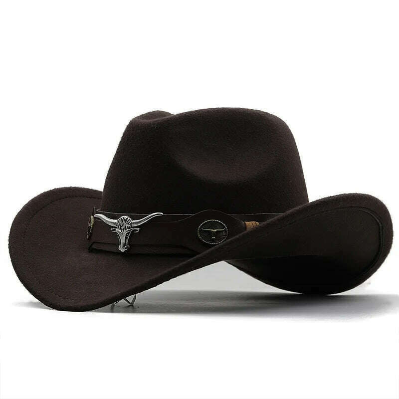 KIMLUD, New Black Wool Chapeu Western Cowboy Hat For Women Men Gentleman Jazz Sombrero Hombre Cap Dad Cowgirl Hats Size 56-58cm, JXF-549coffe / 56-58CM, KIMLUD Women's Clothes