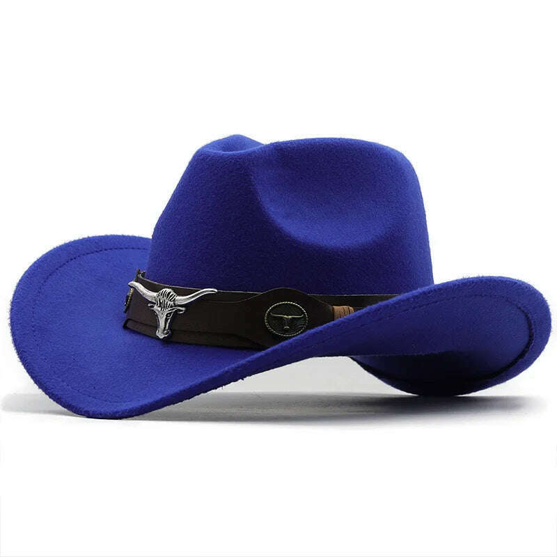 KIMLUD, New Black Wool Chapeu Western Cowboy Hat For Women Men Gentleman Jazz Sombrero Hombre Cap Dad Cowgirl Hats Size 56-58cm, JXF-549 blue / 56-58CM, KIMLUD Womens Clothes