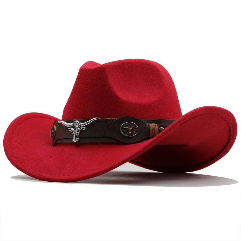 KIMLUD, New Black Wool Chapeu Western Cowboy Hat For Women Men Gentleman Jazz Sombrero Hombre Cap Dad Cowgirl Hats Size 56-58cm, JXF-549 red / 56-58CM, KIMLUD Womens Clothes