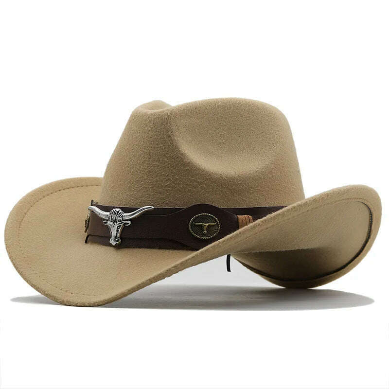 KIMLUD, New Black Wool Chapeu Western Cowboy Hat For Women Men Gentleman Jazz Sombrero Hombre Cap Dad Cowgirl Hats Size 56-58cm, JXF-549 tan / 56-58CM, KIMLUD Women's Clothes
