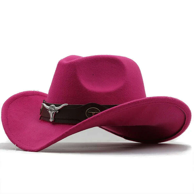 KIMLUD, New Black Wool Chapeu Western Cowboy Hat For Women Men Gentleman Jazz Sombrero Hombre Cap Dad Cowgirl Hats Size 56-58cm, JXF-549 rose / 56-58CM, KIMLUD Women's Clothes