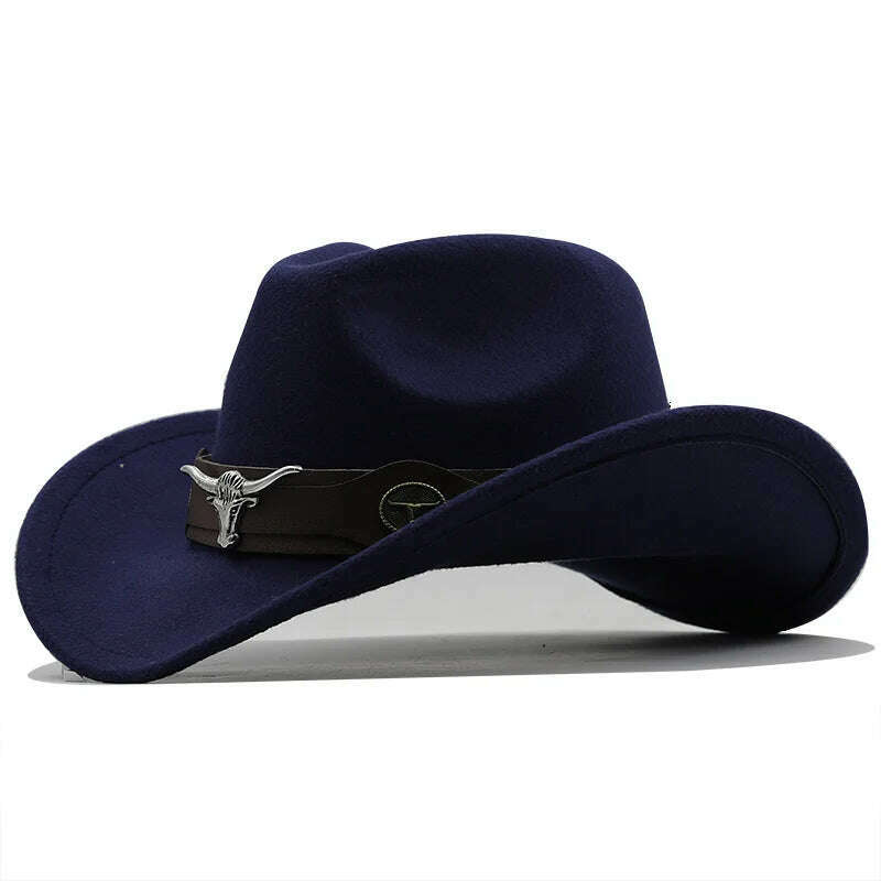 KIMLUD, New Black Wool Chapeu Western Cowboy Hat For Women Men Gentleman Jazz Sombrero Hombre Cap Dad Cowgirl Hats Size 56-58cm, JXF-549 navy / 56-58CM, KIMLUD Women's Clothes