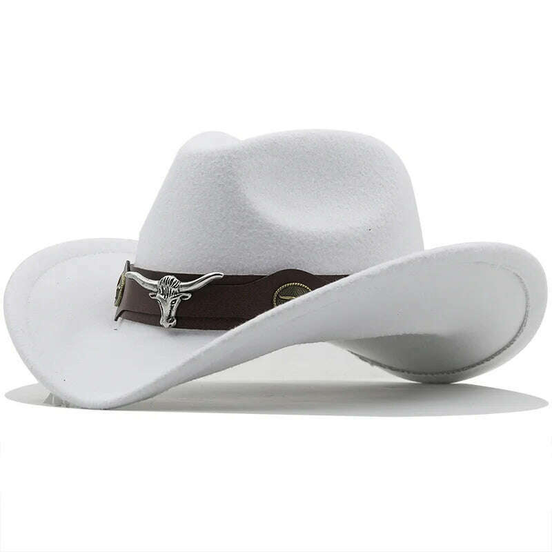 KIMLUD, New Black Wool Chapeu Western Cowboy Hat For Women Men Gentleman Jazz Sombrero Hombre Cap Dad Cowgirl Hats Size 56-58cm, JXF-549 white / 56-58CM, KIMLUD Women's Clothes
