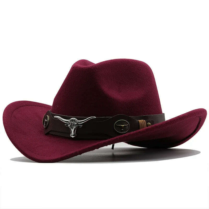 KIMLUD, New Black Wool Chapeu Western Cowboy Hat For Women Men Gentleman Jazz Sombrero Hombre Cap Dad Cowgirl Hats Size 56-58cm, JXF-549 wine / 56-58CM, KIMLUD Womens Clothes