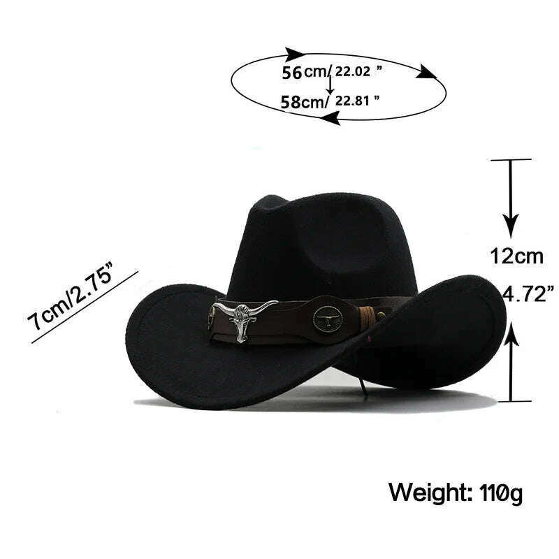 KIMLUD, New Black Wool Chapeu Western Cowboy Hat For Women Men Gentleman Jazz Sombrero Hombre Cap Dad Cowgirl Hats Size 56-58cm, KIMLUD Womens Clothes
