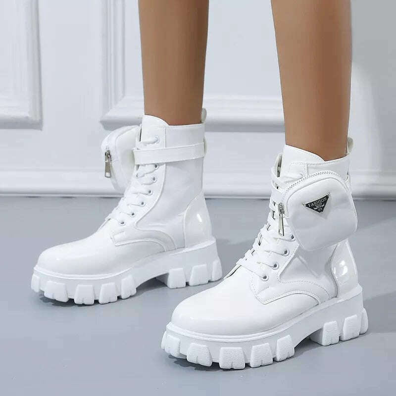 New Boots Women Motorcycle Ankle Boots Wedges Female Lace Up Platforms Spring Black Leather Oxford Shoes Women Botas Mujer Bag - KIMLUD