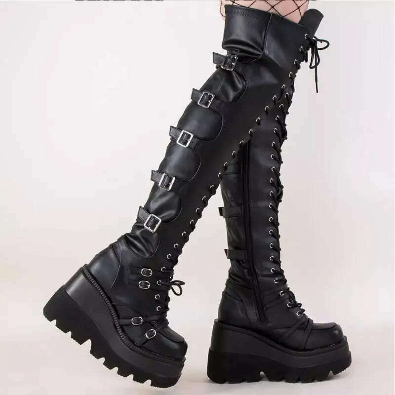 KIMLUD, New Brand Design Big Size 43 Shoelaces Cosplay Motorcycles Boots Buckles Platform Wedges High Heels Thigh High Boots Women Shoes, Black / 35, KIMLUD Women's Clothes