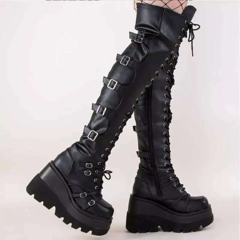 KIMLUD, New Brand Design Big Size 43 Shoelaces Cosplay Motorcycles Boots Buckles Platform Wedges High Heels Thigh High Boots Women Shoes, Black / 35, KIMLUD APPAREL - Womens Clothes