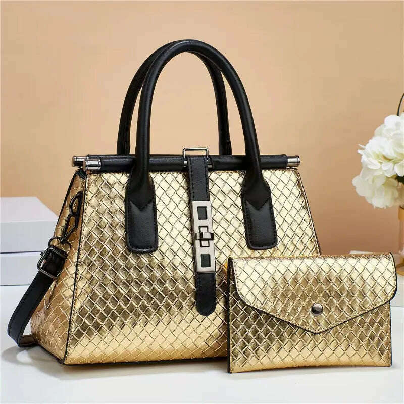 KIMLUD, New Bright Leather Women's Handbag Large Capacity One Shoulder Crossbody Bag High Quality Woven Leather Women's Bag with Purse, KIMLUD Womens Clothes