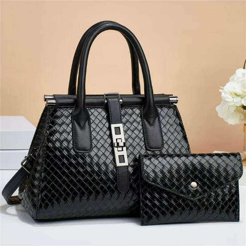 KIMLUD, New Bright Leather Women's Handbag Large Capacity One Shoulder Crossbody Bag High Quality Woven Leather Women's Bag with Purse, KIMLUD Womens Clothes