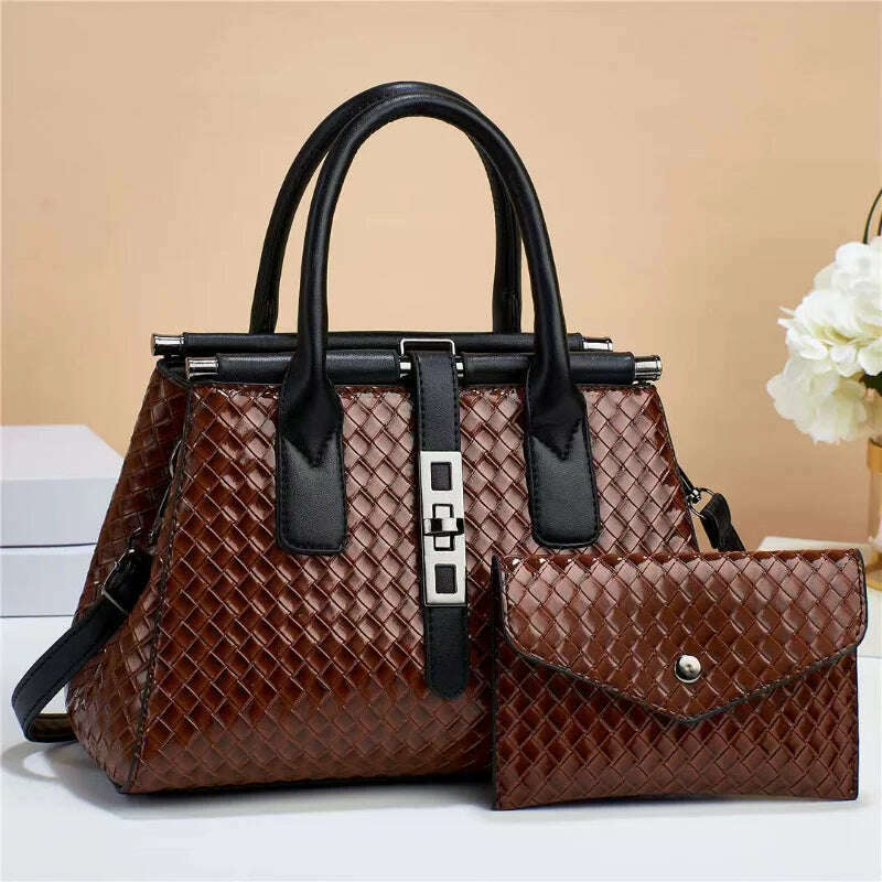 KIMLUD, New Bright Leather Women's Handbag Large Capacity One Shoulder Crossbody Bag High Quality Woven Leather Women's Bag with Purse, KIMLUD Womens Clothes