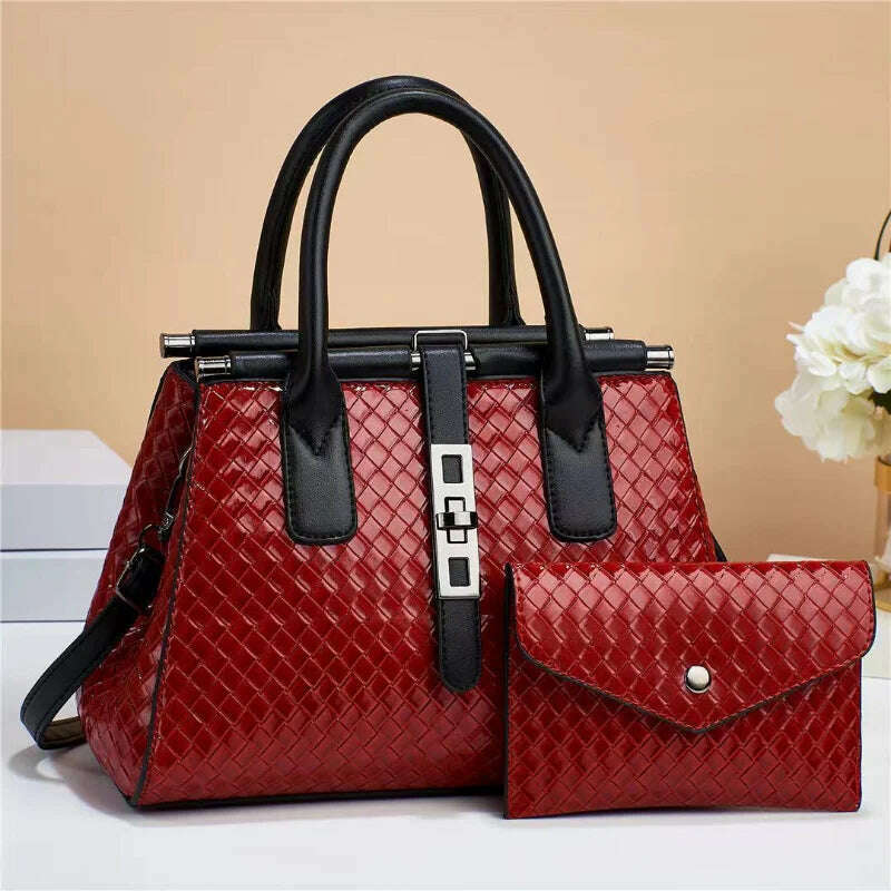 KIMLUD, New Bright Leather Women's Handbag Large Capacity One Shoulder Crossbody Bag High Quality Woven Leather Women's Bag with Purse, KIMLUD Womens Clothes