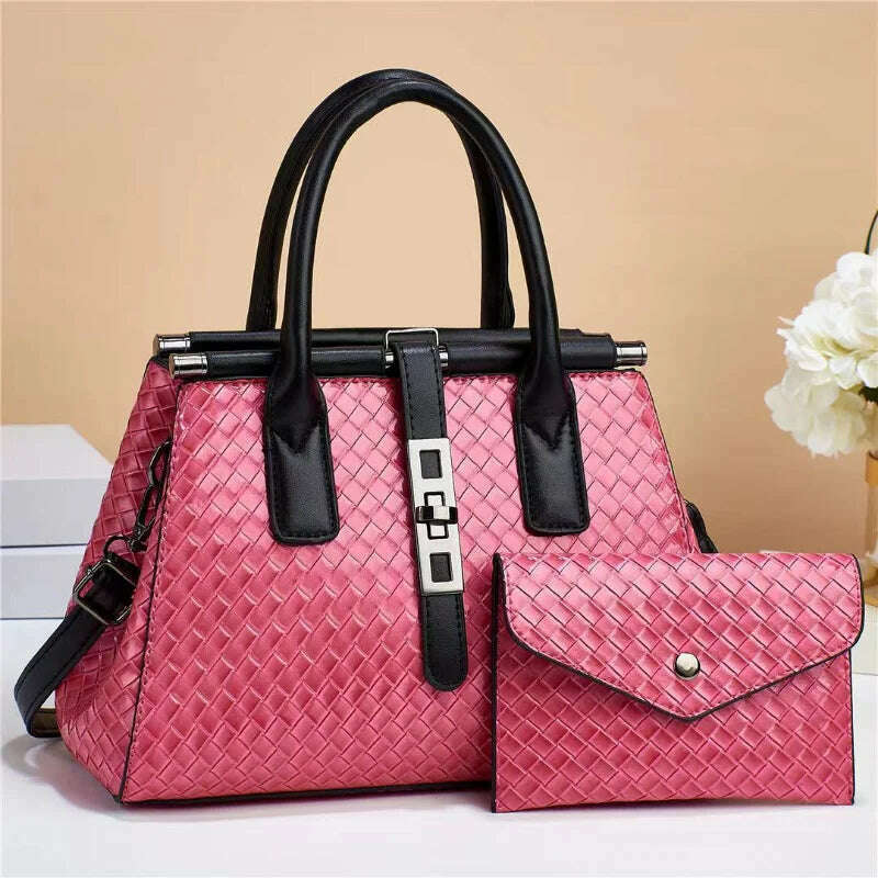 KIMLUD, New Bright Leather Women's Handbag Large Capacity One Shoulder Crossbody Bag High Quality Woven Leather Women's Bag with Purse, KIMLUD Womens Clothes