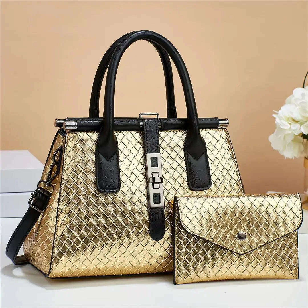 KIMLUD, New Bright Leather Women's Handbag Large Capacity One Shoulder Crossbody Bag High Quality Woven Leather Women's Bag with Purse, photo color 2 / 28x14x20cm, KIMLUD Womens Clothes
