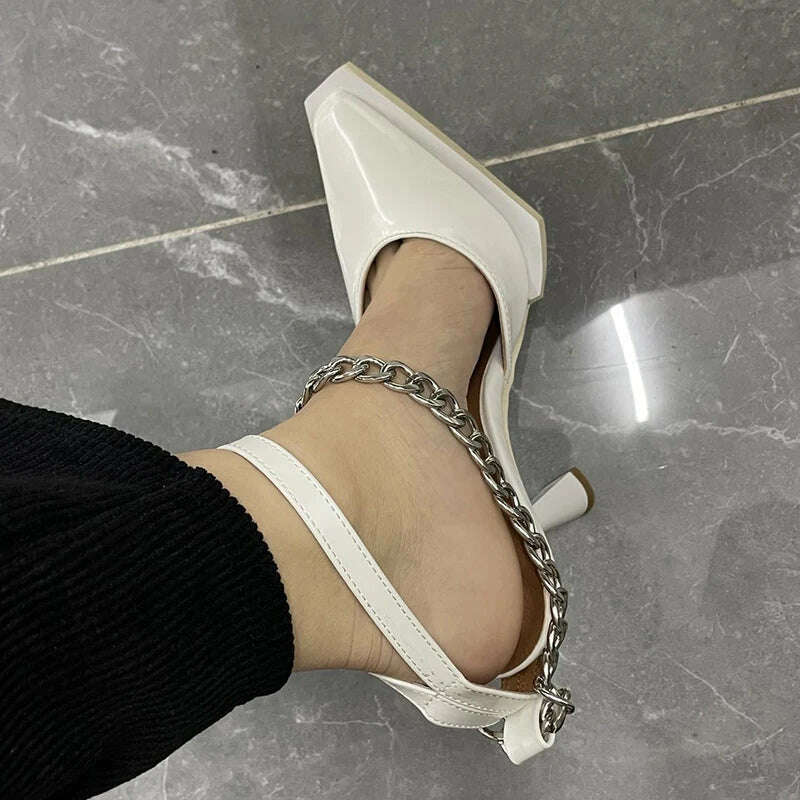KIMLUD, New Buckle Pointed Toe Sandals Women Metal Chain Sandalias Female Stiletto High Heels Dress Shoes Women Party zapatos de mujer, Ivory / 35, KIMLUD Women's Clothes