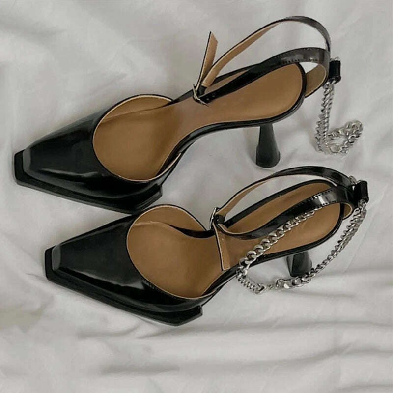 KIMLUD, New Buckle Pointed Toe Sandals Women Metal Chain Sandalias Female Stiletto High Heels Dress Shoes Women Party zapatos de mujer, Black / 35, KIMLUD Womens Clothes