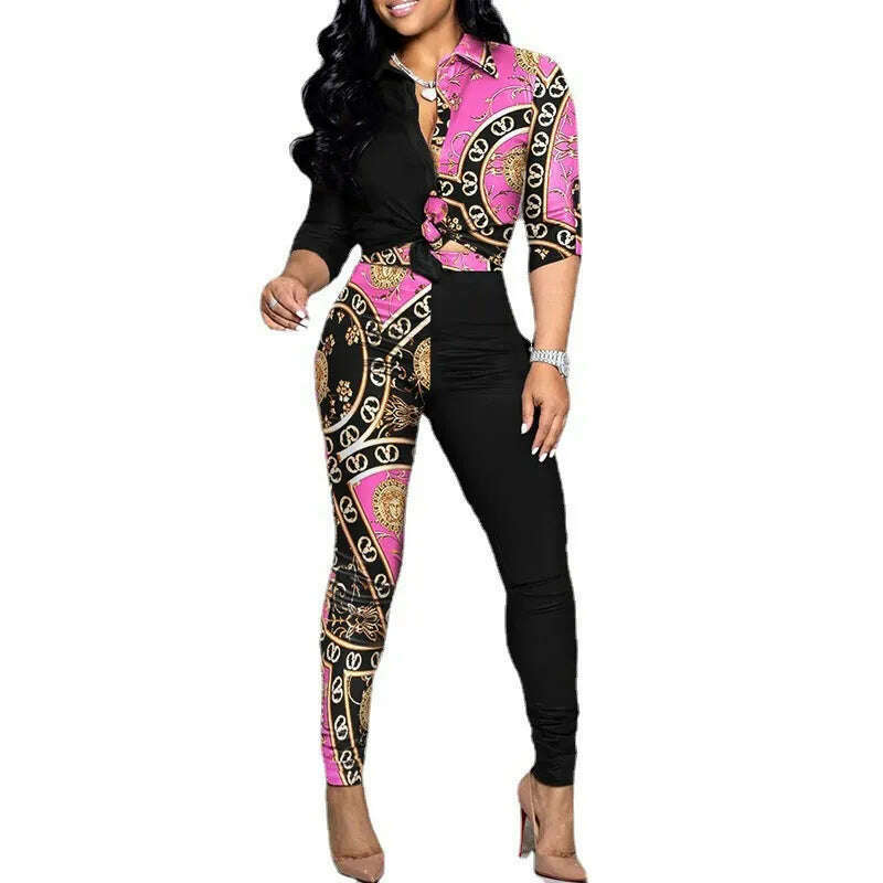 New Casual Suit Colorblock Print Long Sleeve Lapel Shirt Casual Pants Two Piece Set - KIMLUD
