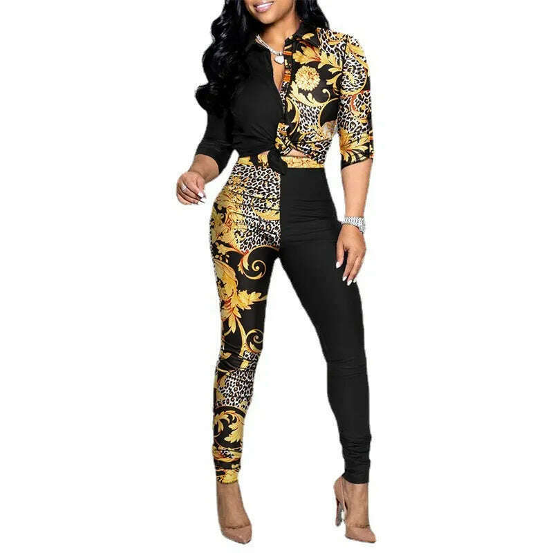 New Casual Suit Colorblock Print Long Sleeve Lapel Shirt Casual Pants Two Piece Set - KIMLUD