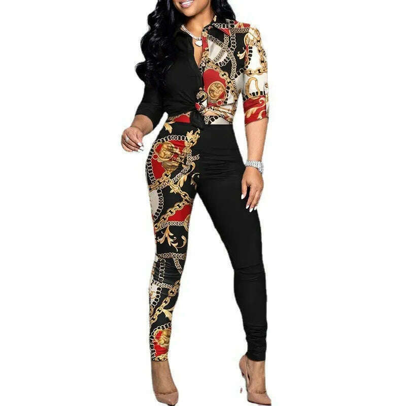 New Casual Suit Colorblock Print Long Sleeve Lapel Shirt Casual Pants Two Piece Set - KIMLUD