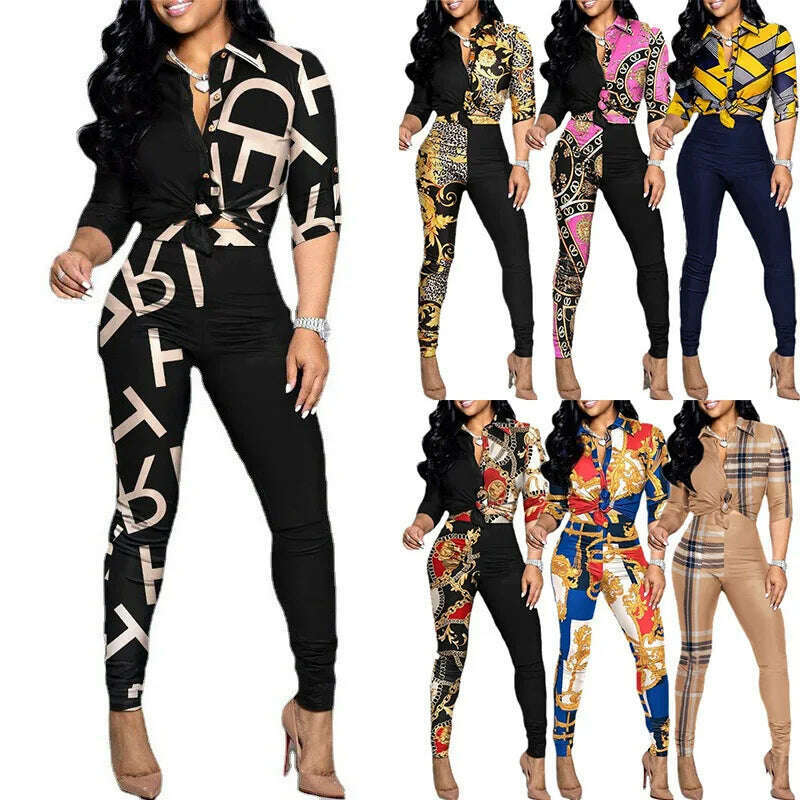 New Casual Suit Colorblock Print Long Sleeve Lapel Shirt Casual Pants Two Piece Set - KIMLUD