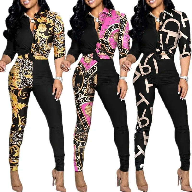 New Casual Suit Colorblock Print Long Sleeve Lapel Shirt Casual Pants Two Piece Set - KIMLUD