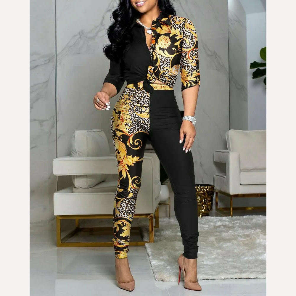 New Casual Suit Colorblock Print Long Sleeve Lapel Shirt Casual Pants Two Piece Set - KIMLUD