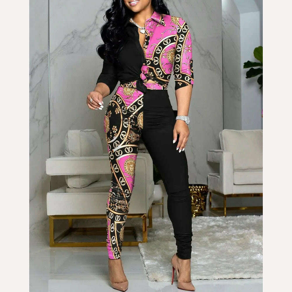 New Casual Suit Colorblock Print Long Sleeve Lapel Shirt Casual Pants Two Piece Set - KIMLUD