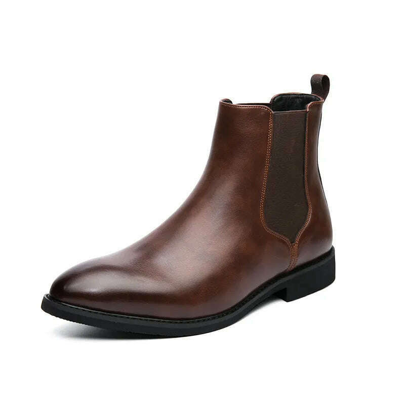 KIMLUD, New Chelsea Boots Men Shoes PU Brown Fashion Versatile Business Casual British Style Street Party Wear Classic Ankle Boots, Brown / 40, KIMLUD Womens Clothes