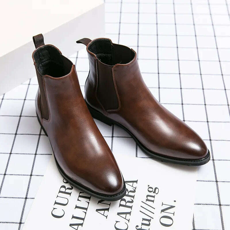 KIMLUD, New Chelsea Boots Men Shoes PU Brown Fashion Versatile Business Casual British Style Street Party Wear Classic Ankle Boots, KIMLUD Womens Clothes